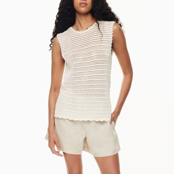 Aritzia WILFRED Peek Crochet Knit Fisherman Crewneck Light Birch Tank Top Size S - Picture 2 of 12